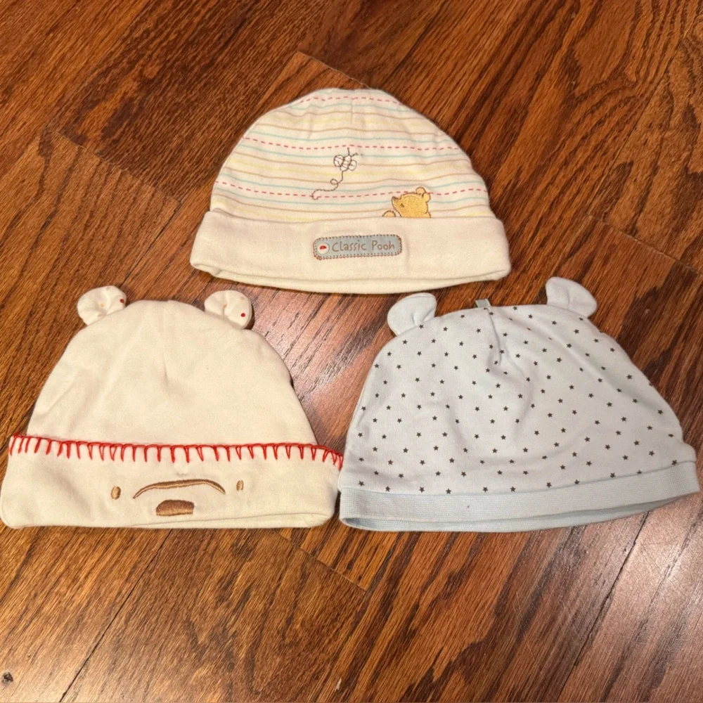 Lot of 3 Newborn Baby Hats - Winnie the Pooh / Bear themed